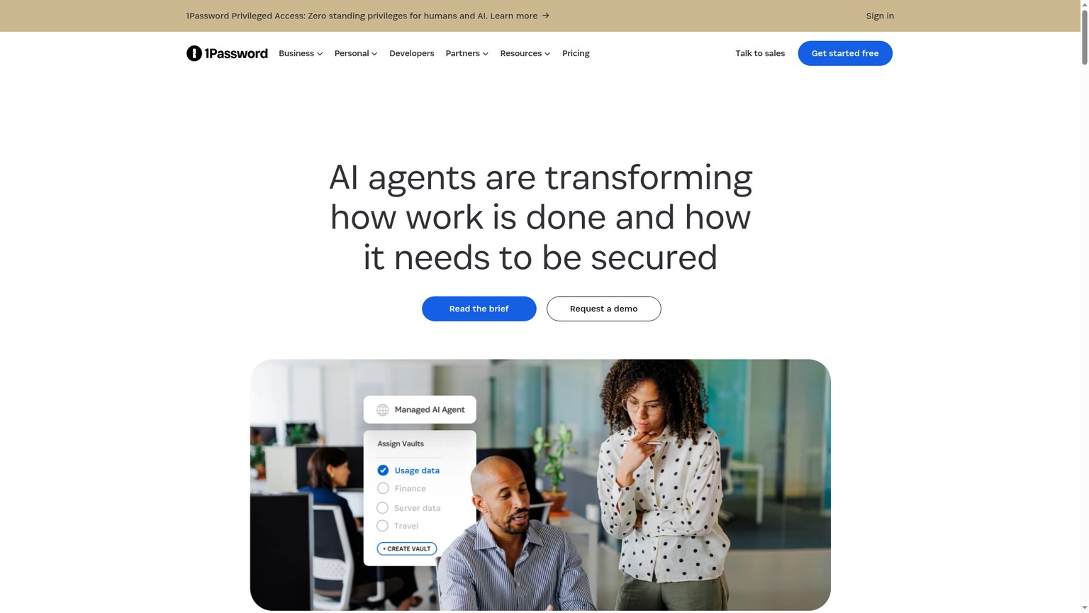 1Password agentic AI page showing managed vault access and agent auditability