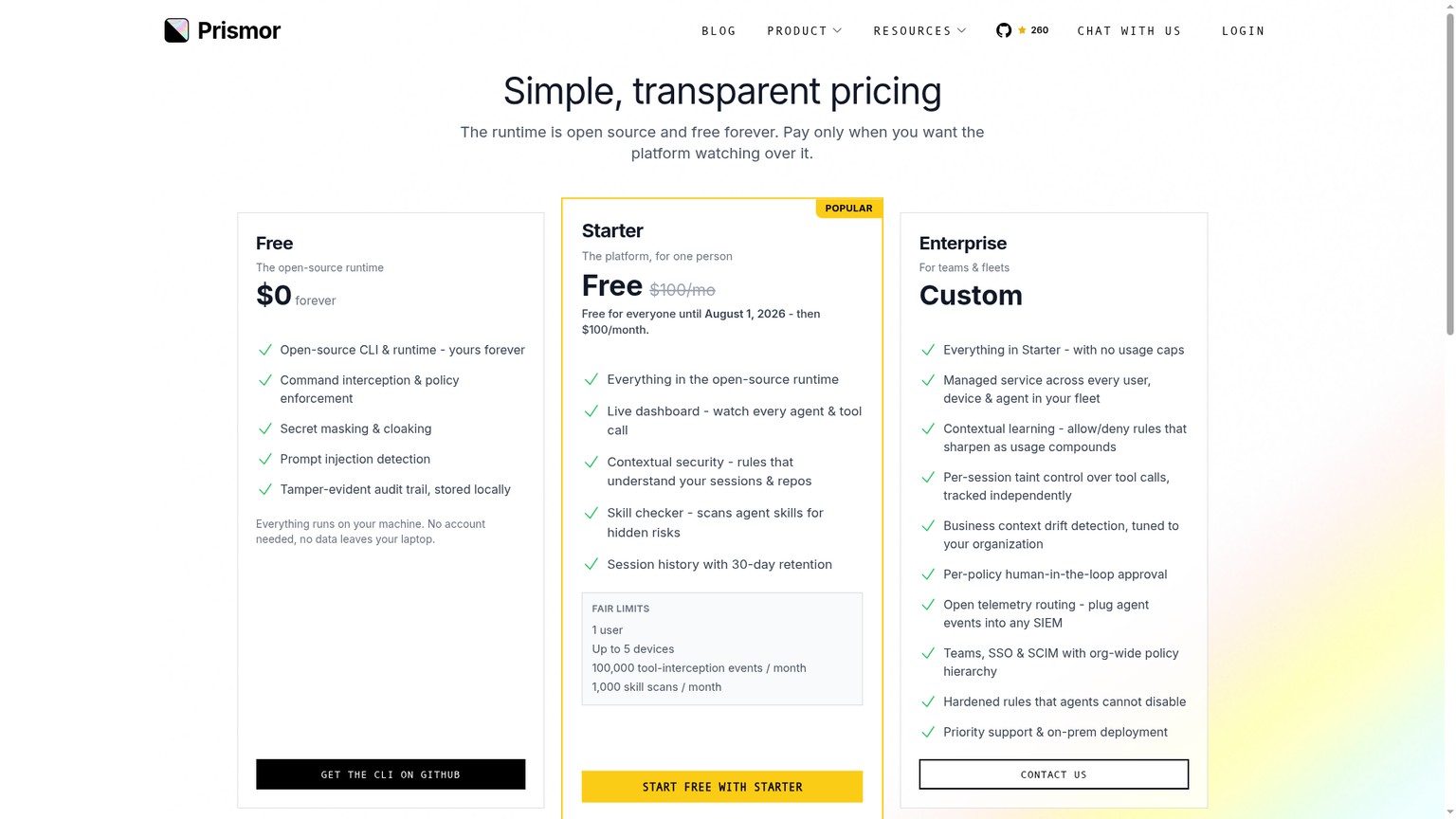 Prismor pricing page showing free open-source runtime and paid platform tiers
