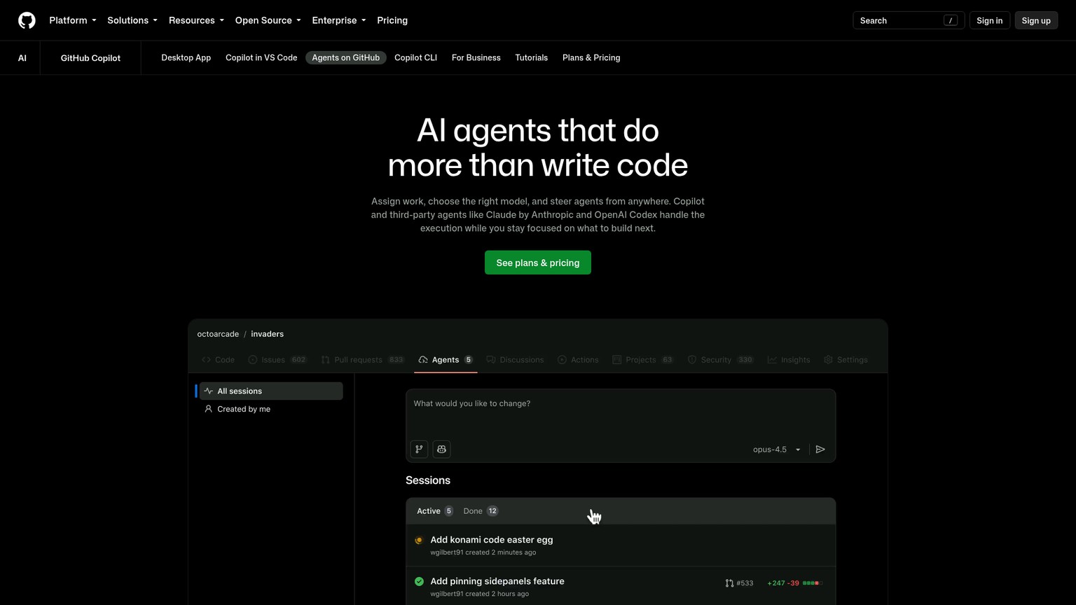 GitHub Copilot agents page showing unified agent task management