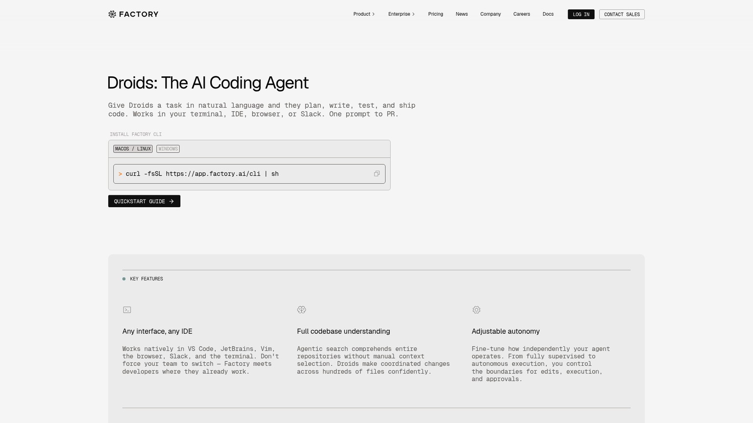Factory Droids product page showing agent workflows across software development tools
