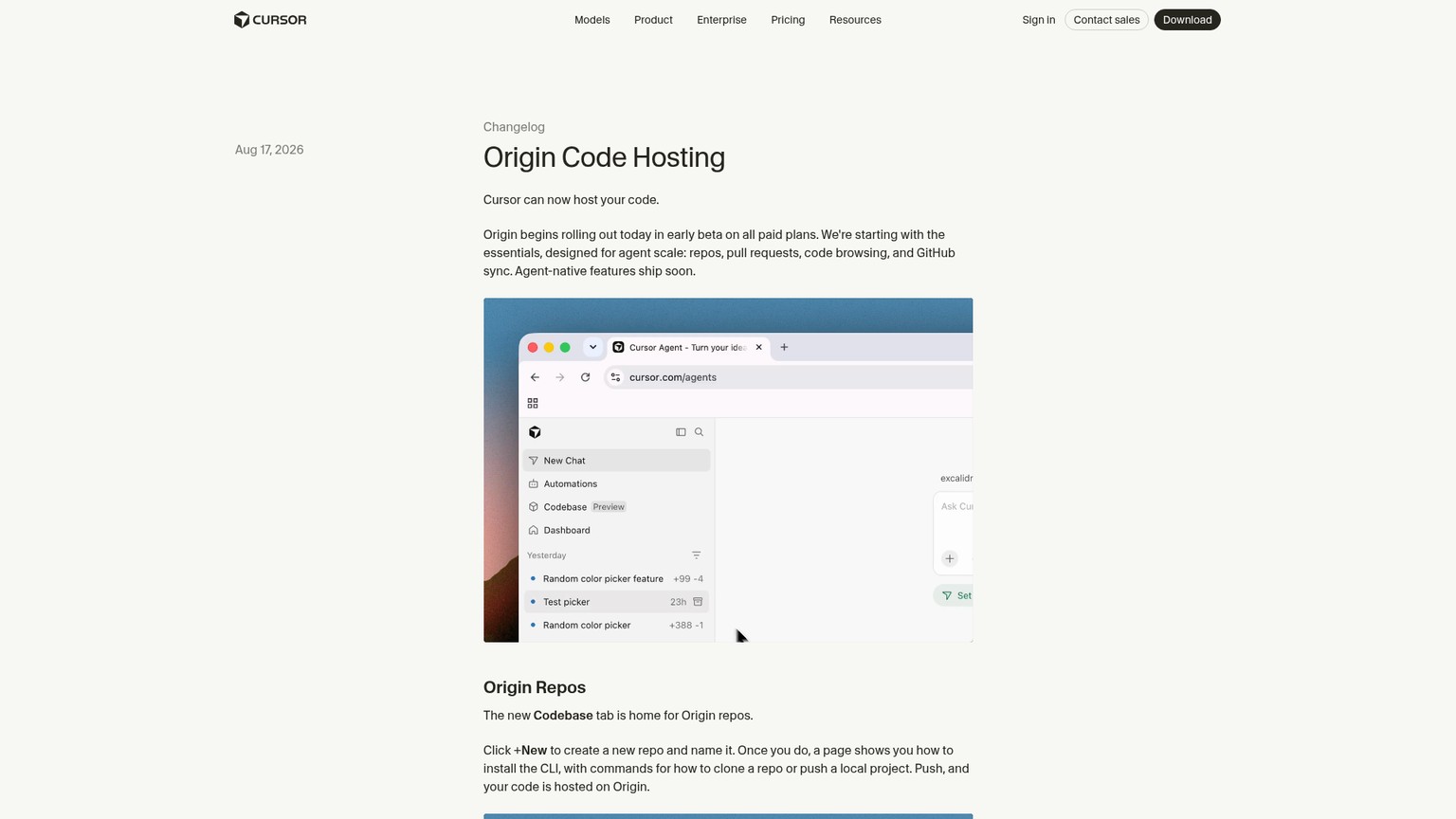Cursor Origin code-hosting page showing repositories and pull requests
