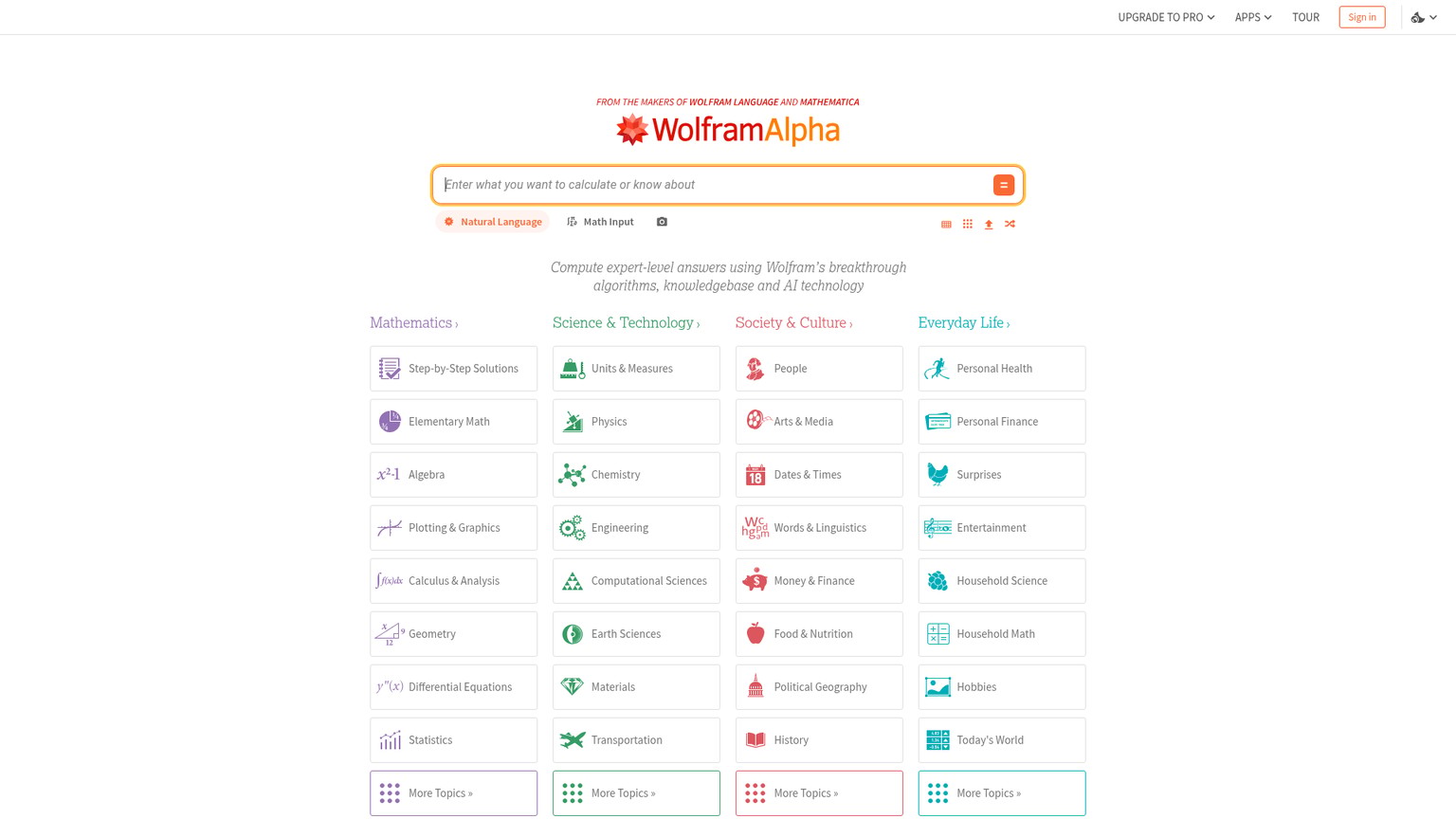 Wolfram Alpha computational input and result interface