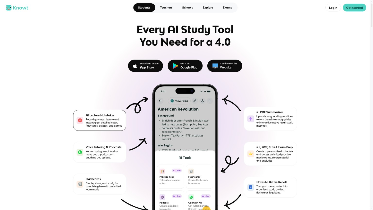 Knowt study platform with notes, flashcards, quizzes, and active recall tools