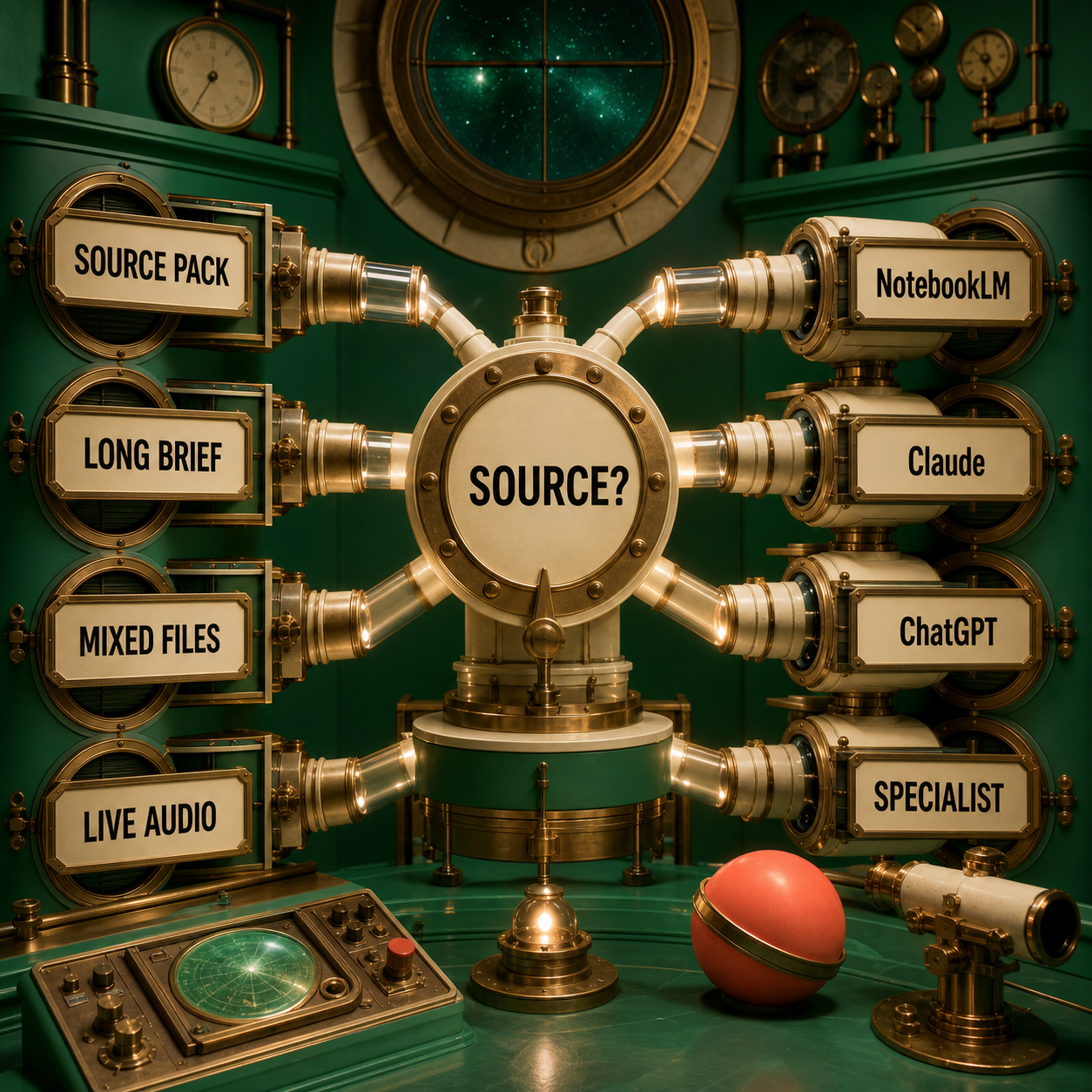 Decision flow routing source packs, long briefs, mixed files, and live audio to the right AI summarizer class
