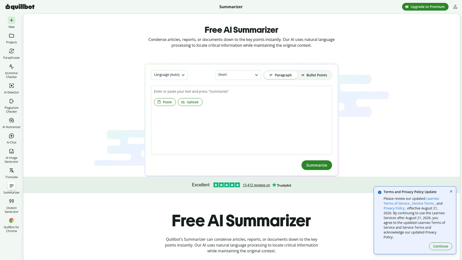 QuillBot text summarizer with paragraph and bullet modes