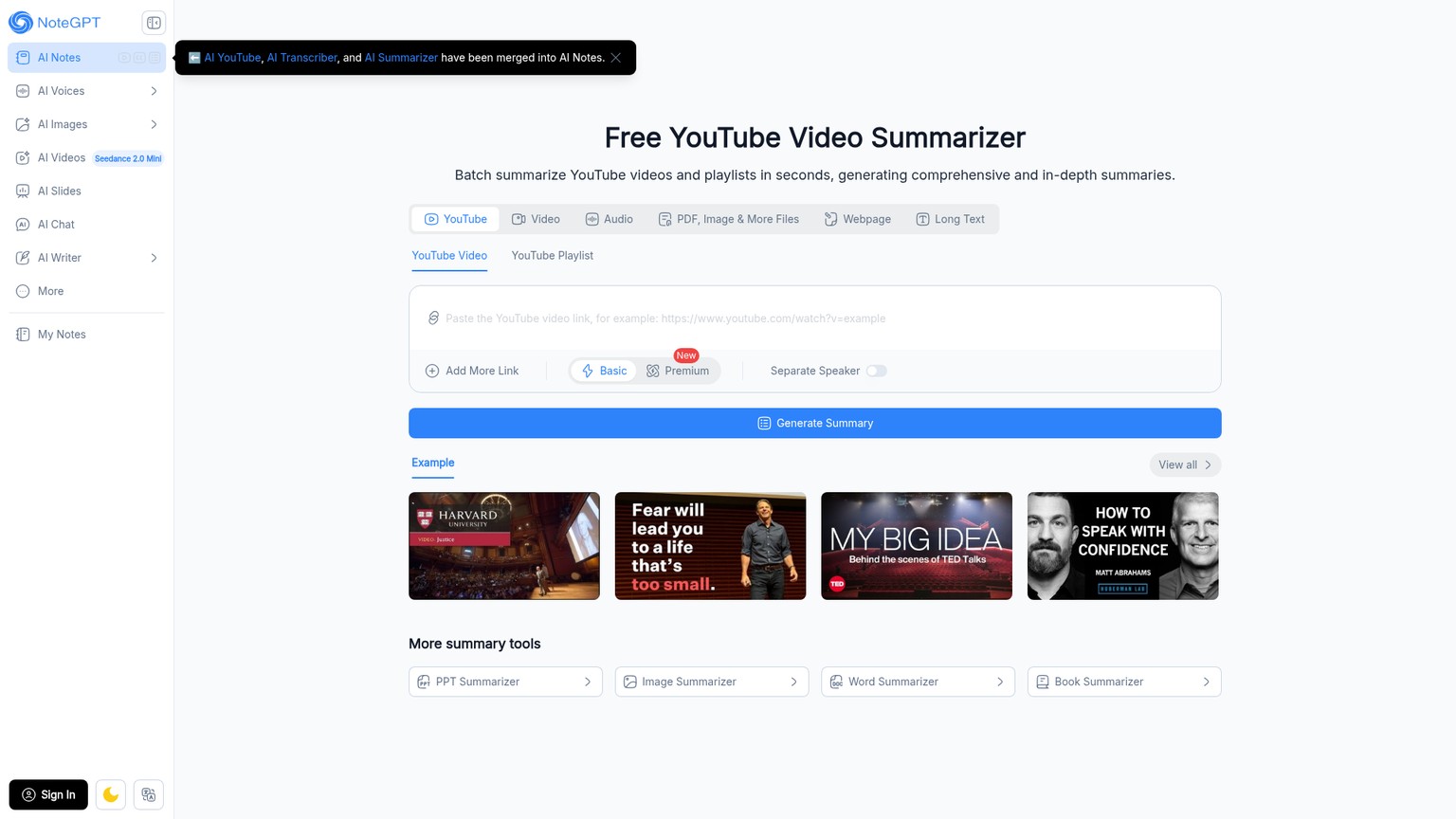 NoteGPT YouTube transcript and summary interface