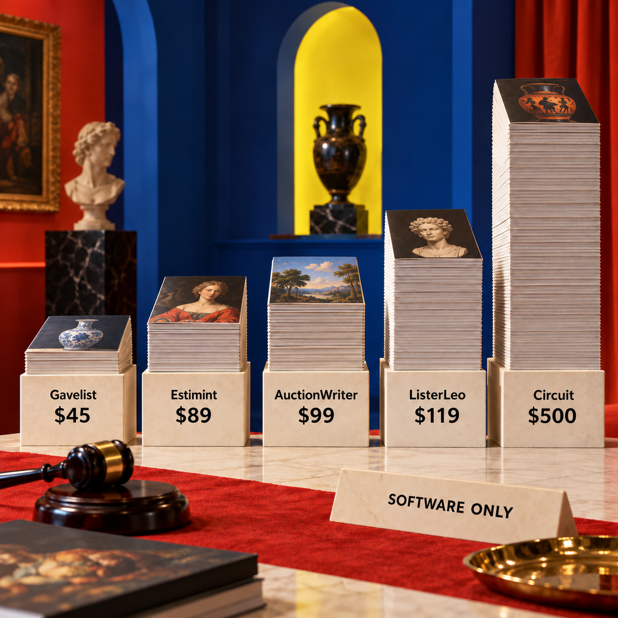 Five physical columns comparing software cost for a 300-lot export-ready auction catalog