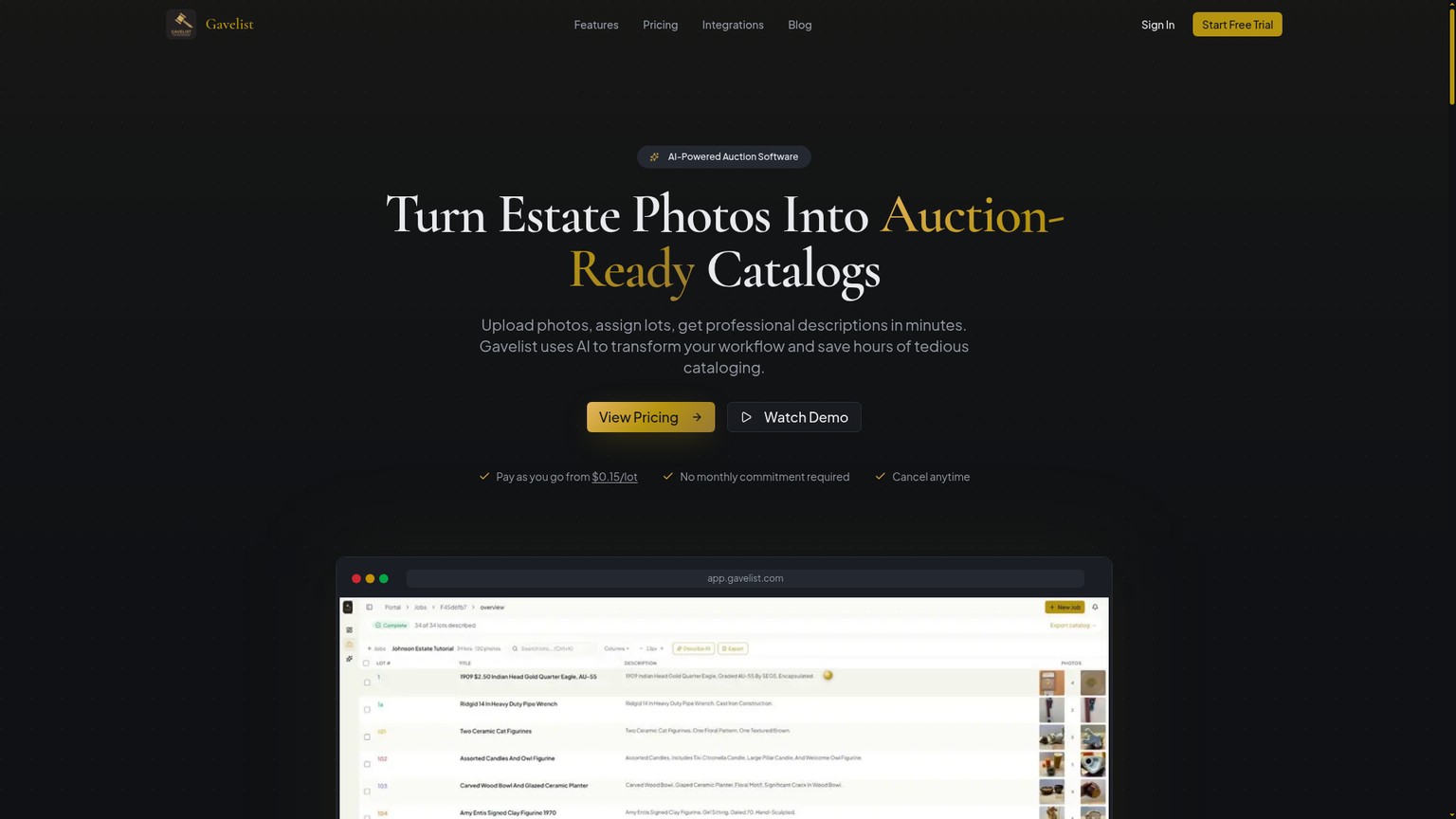 Gavelist AI auction cataloging homepage