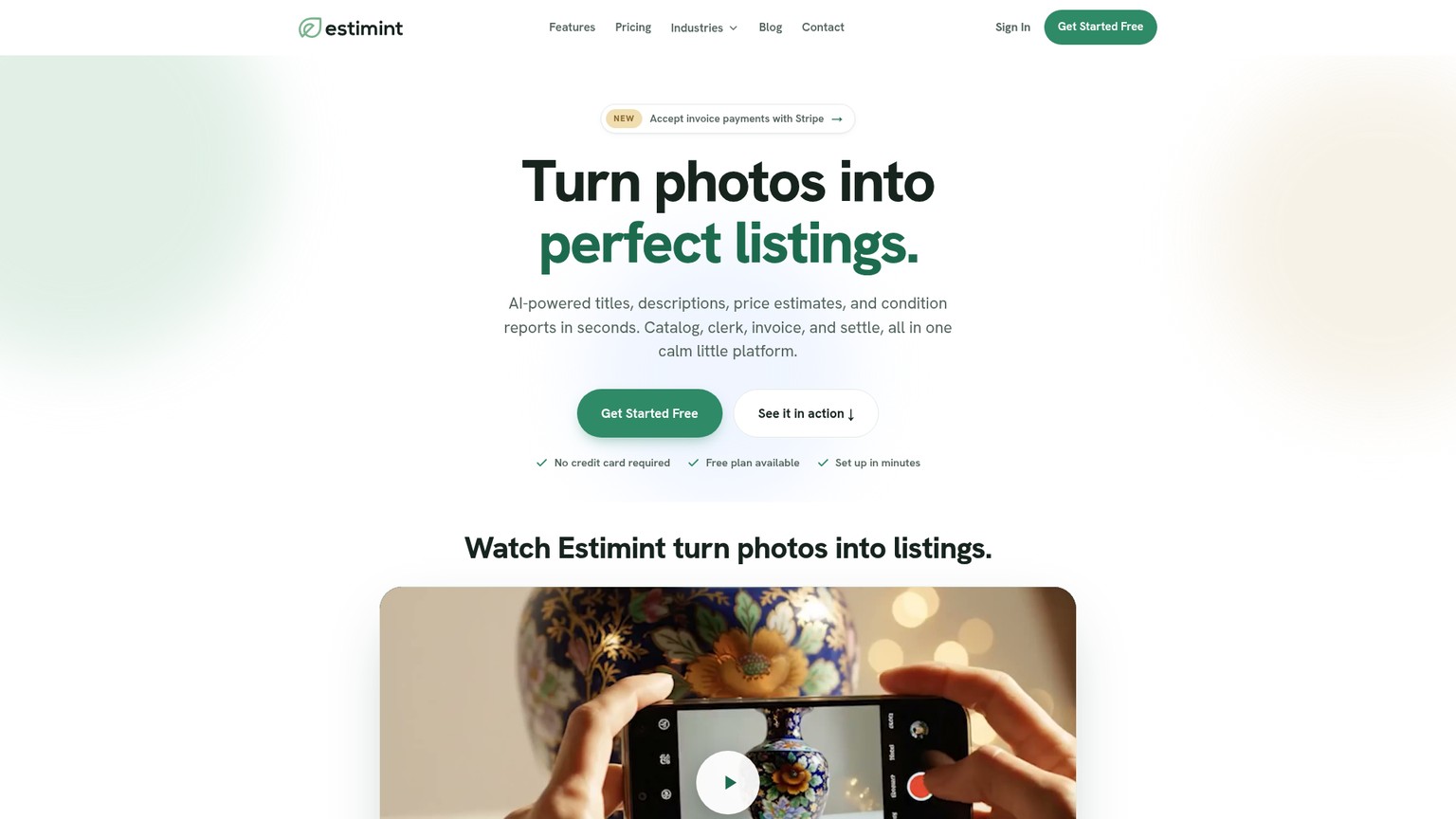Estimint AI auction cataloging and management homepage