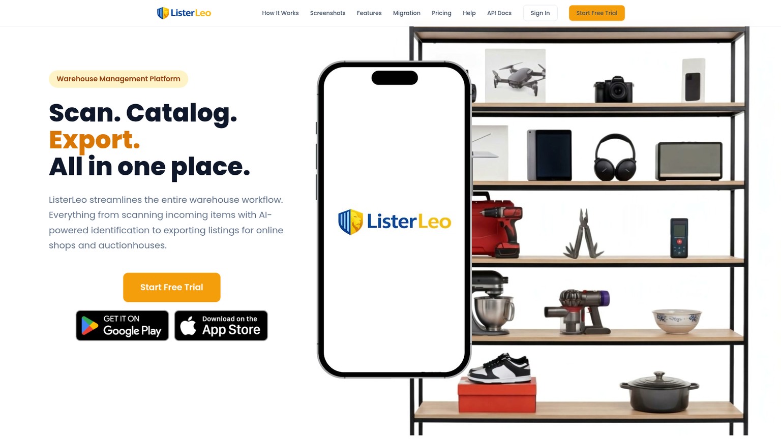 ListerLeo warehouse management and auction export homepage