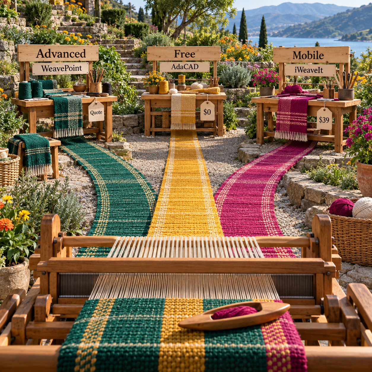 Decision path from advanced, free, and mobile weaving needs to WeavePoint, AdaCAD, and iWeaveIt
