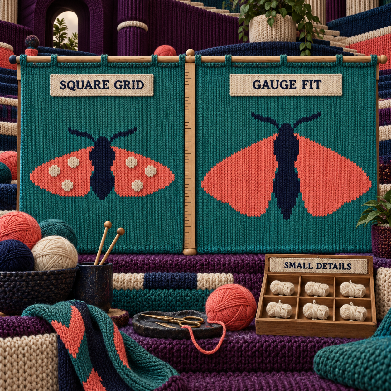Before and after moth motif showing square-grid distortion and gauge-correct color-block cleanup