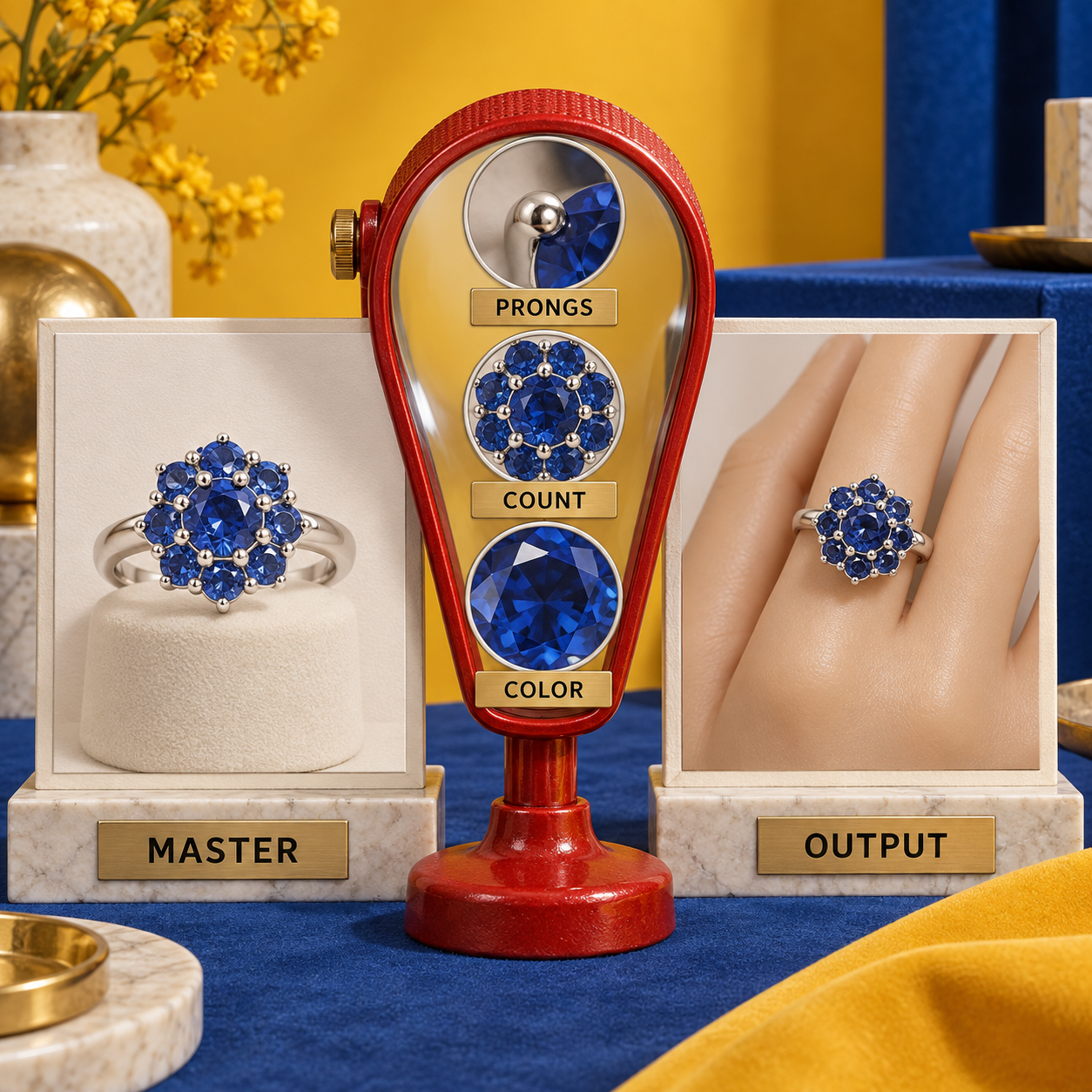 A source master and model output compared under a loupe for prongs, stone count, and color