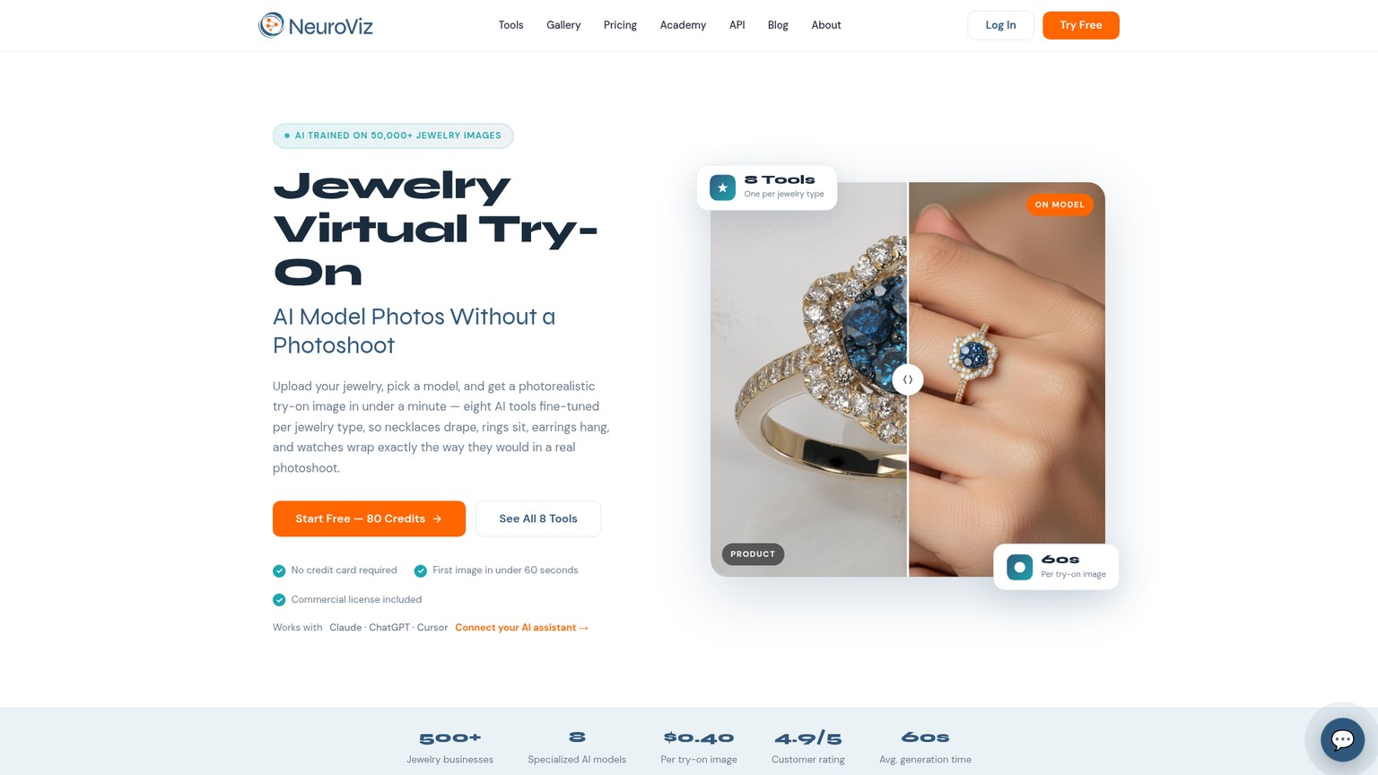 NeuroViz jewelry virtual try-on page with source and on-model examples