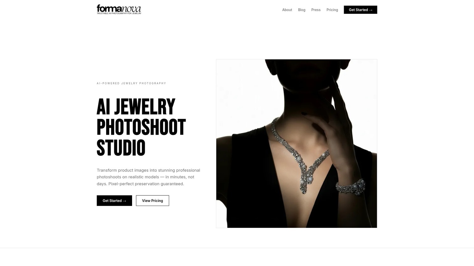 FormaNova AI jewelry photoshoot page with workflow and pricing