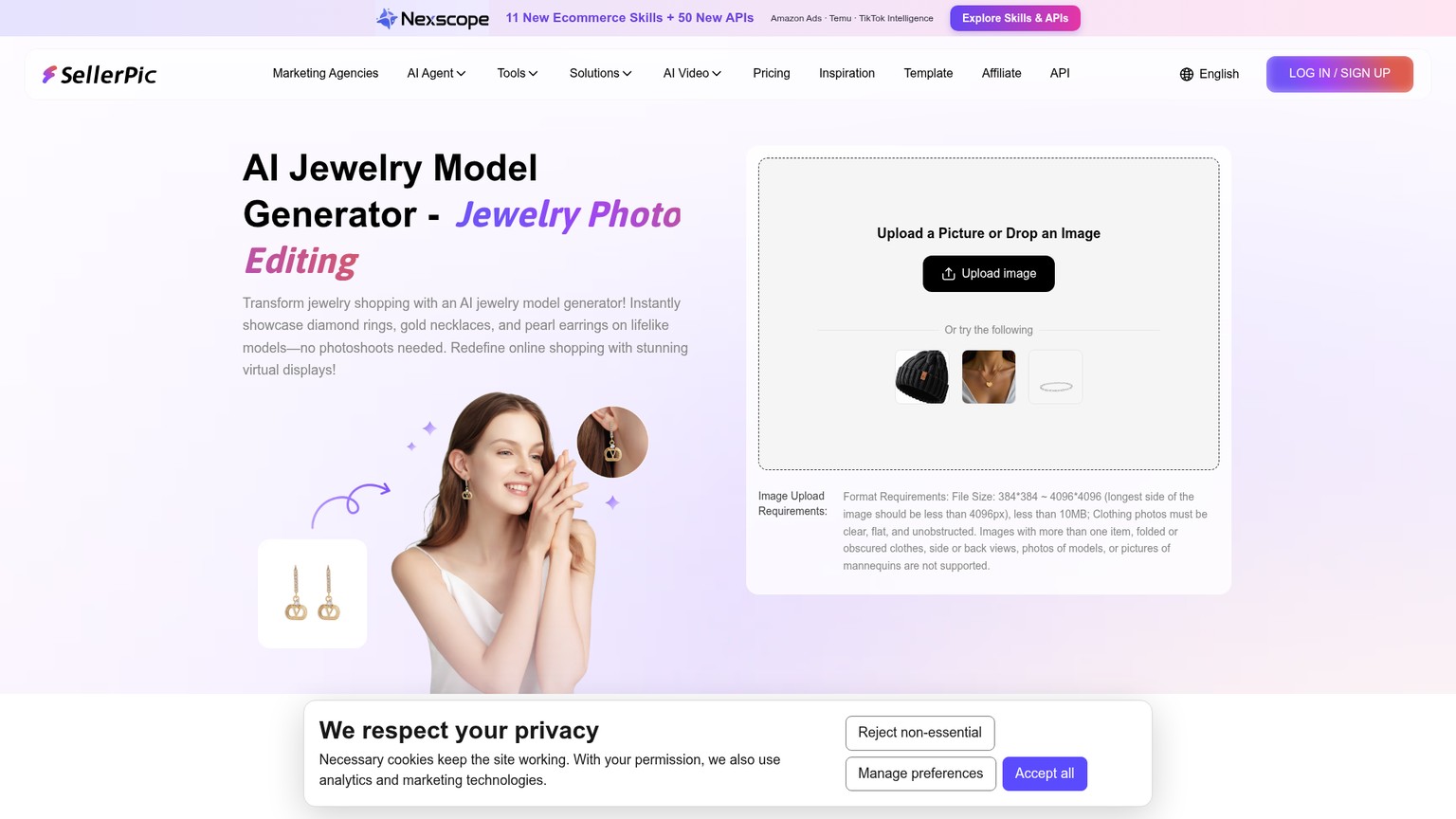 SellerPic virtual try-on jewelry page with source earring and model output