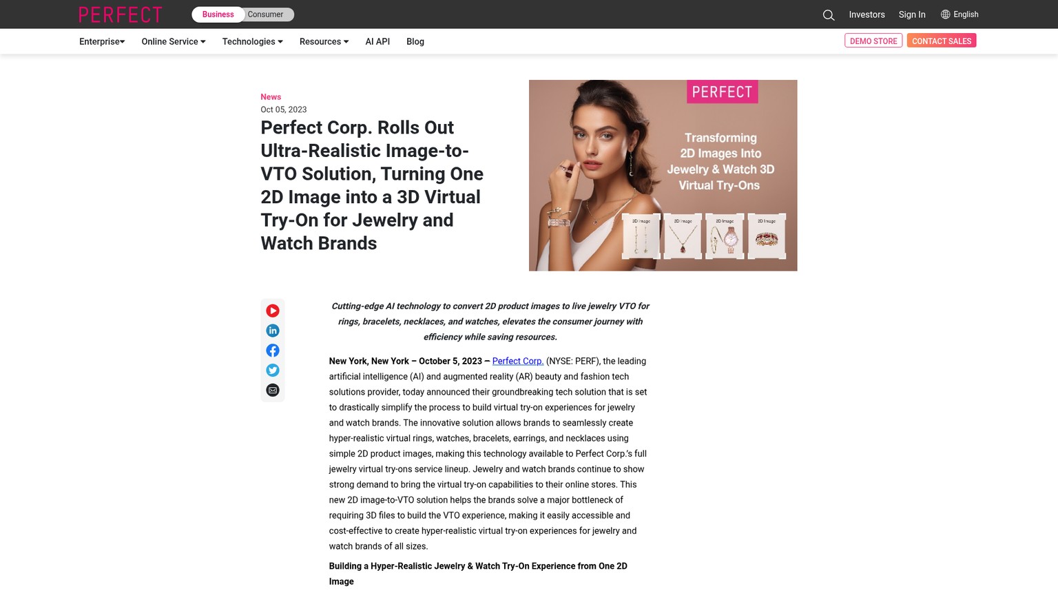 Perfect Corp business page for image-to-jewelry virtual try-on