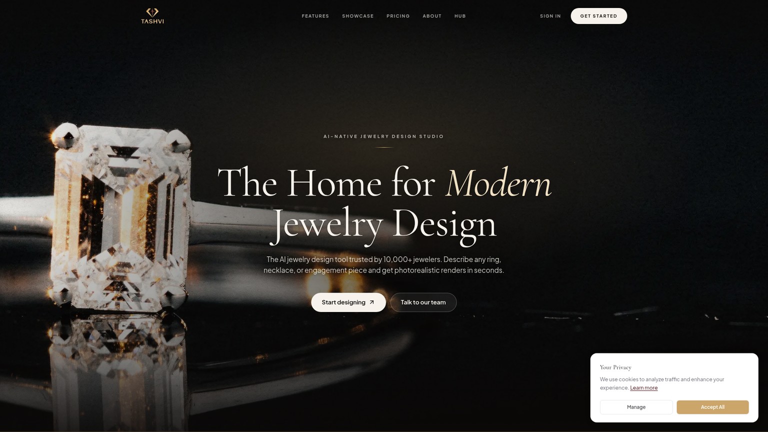 Tashvi AI jewelry design page showing concept and 3D mesh workflow