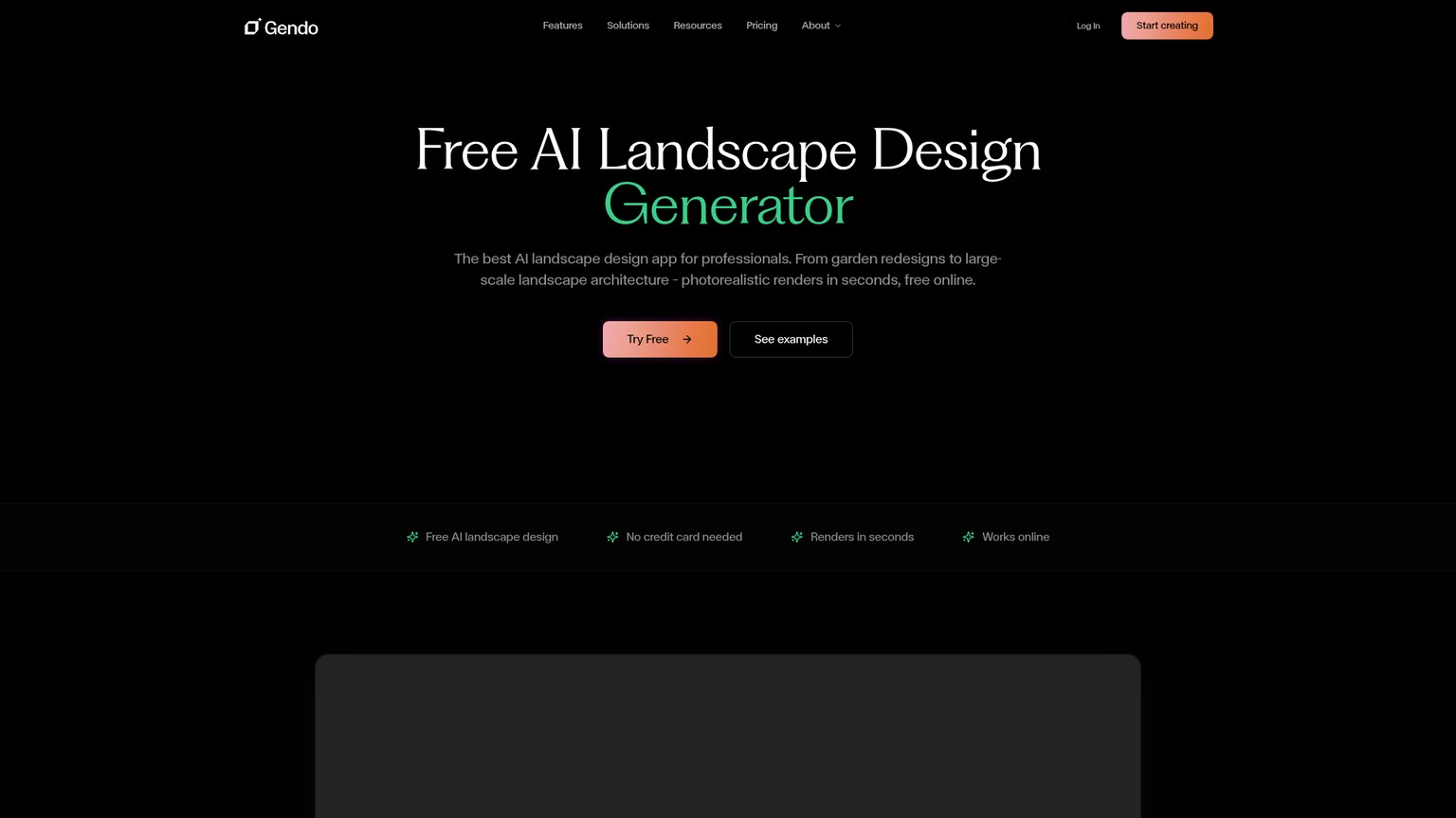 Gendo AI landscape design page and rendering workflow