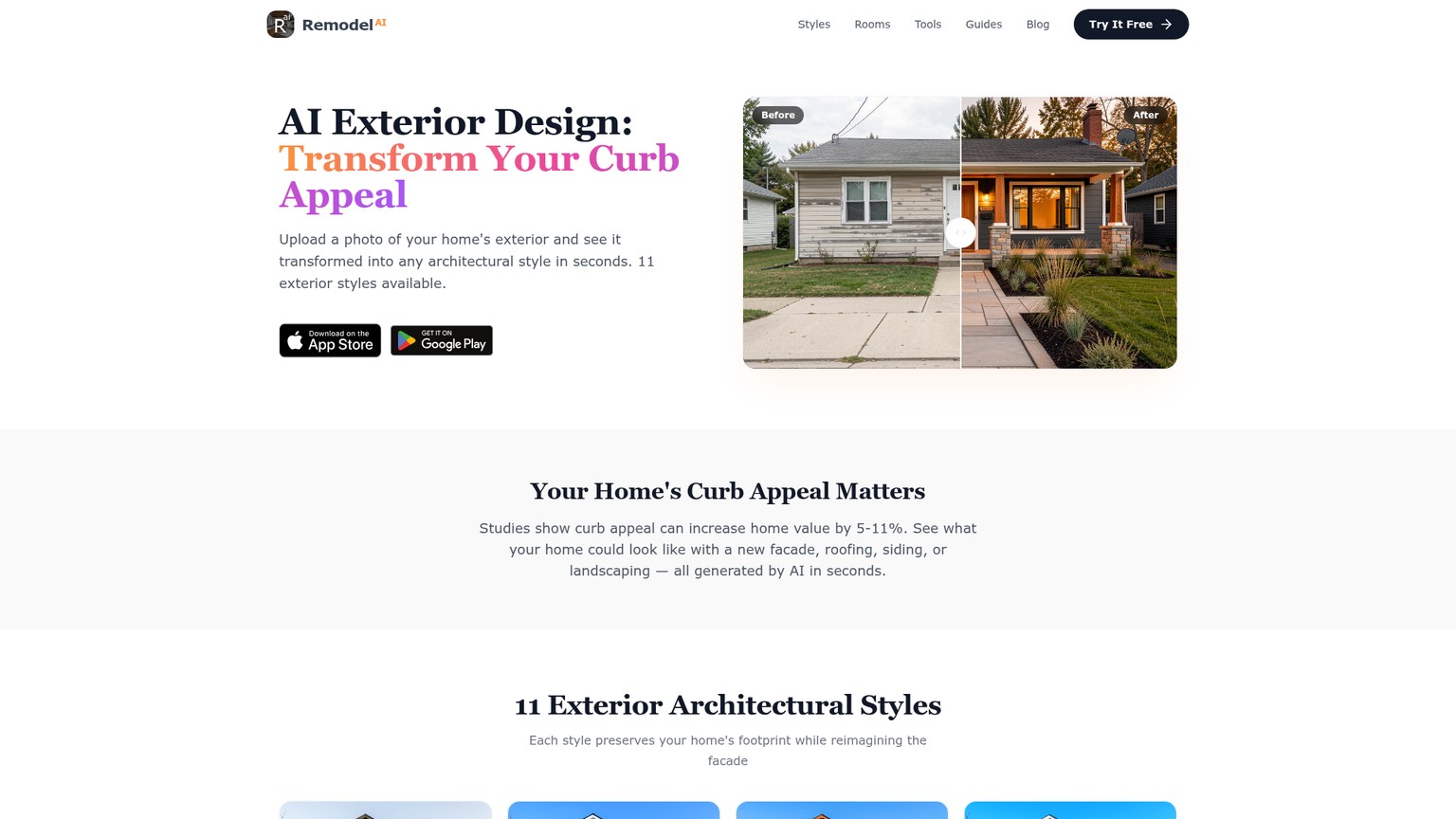 Remodel AI exterior design page and photo transformation workflow
