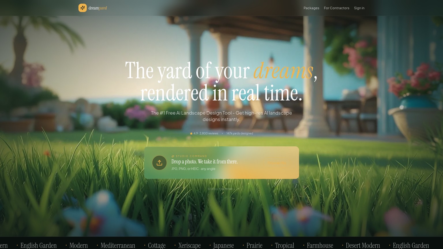DreamYard AI yard design homepage and photo upload workflow