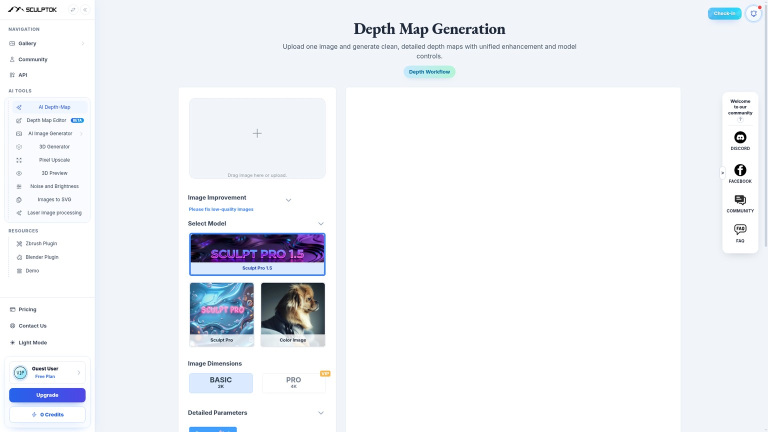 Generador de mapas de profundidad de SculptOK con controles de modelo y salida