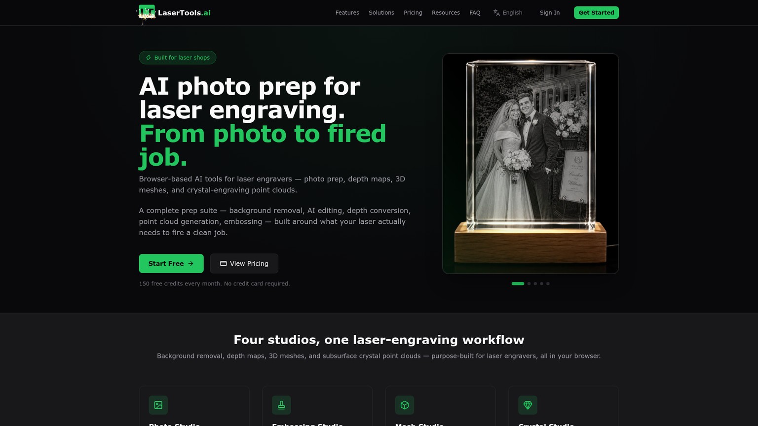 Estudios de LaserTools AI para preparar fotografías, profundidad, mallas y cristal para láser
