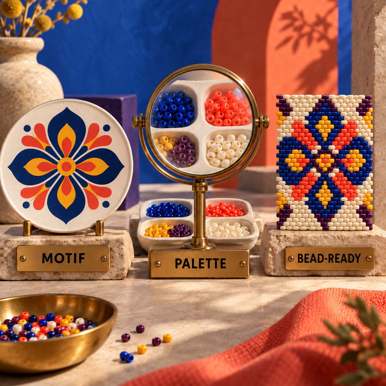 Before and after showing a smooth motif converted into a true staggered peyote bead chart