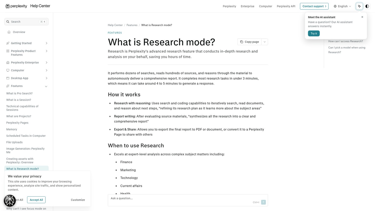 Offizielle Perplexity-Seite zum Research-Modus