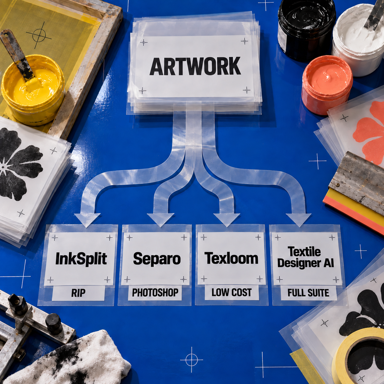 Physical decision flow from artwork to InkSplit, Separo, Texloom Studio, or Textile Designer AI
