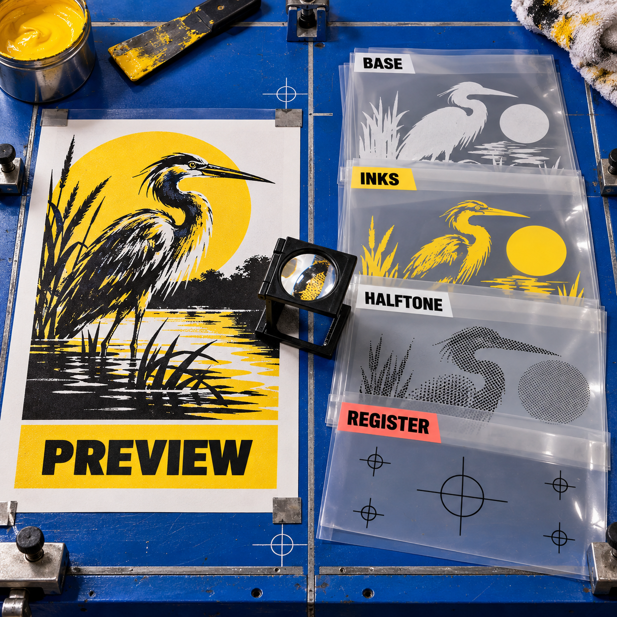 Before and after showing an attractive preview versus a complete screen-printing plate pack