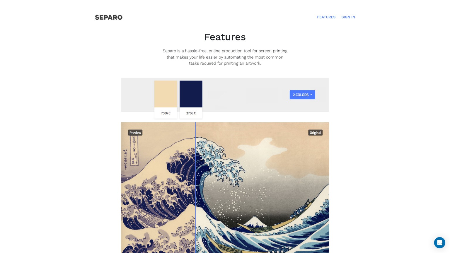 Separo automated color separation and proofing feature page