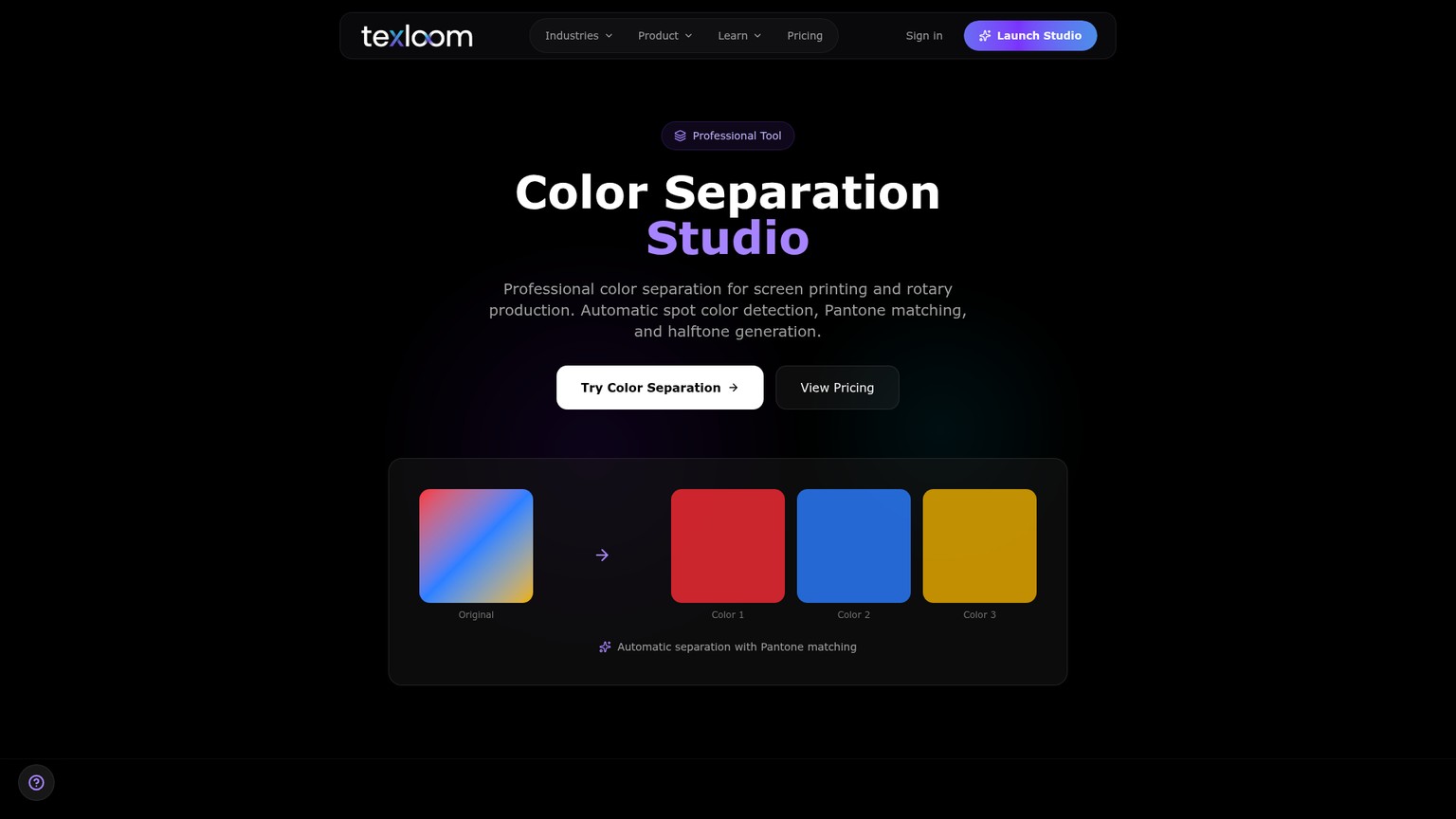 Texloom Studio color separation feature page with Pantone and halftone workflow
