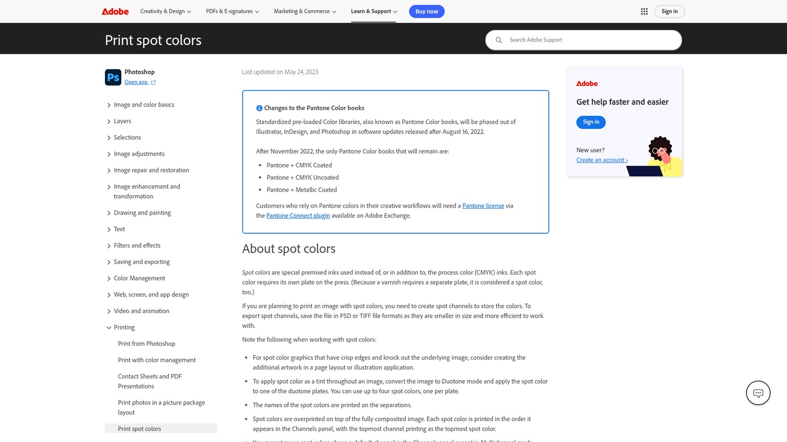 Adobe Photoshop documentation for creating and editing spot color channels
