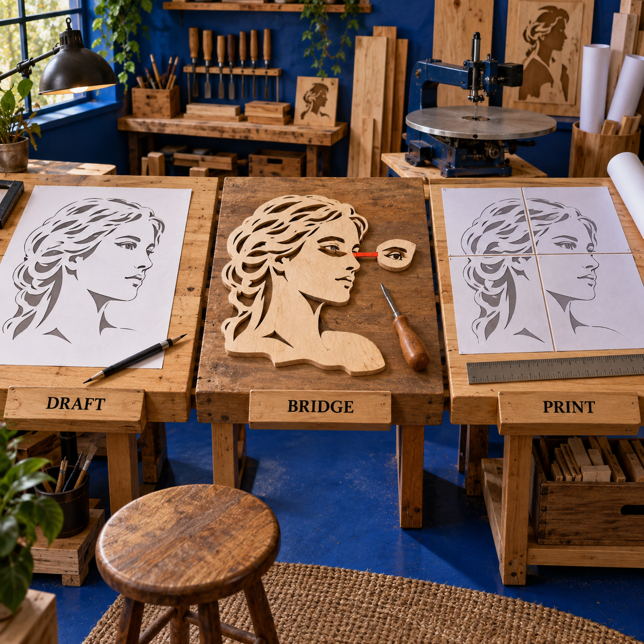 A physical three-stage portrait-pattern workflow labeled Draft, Bridge, and Print