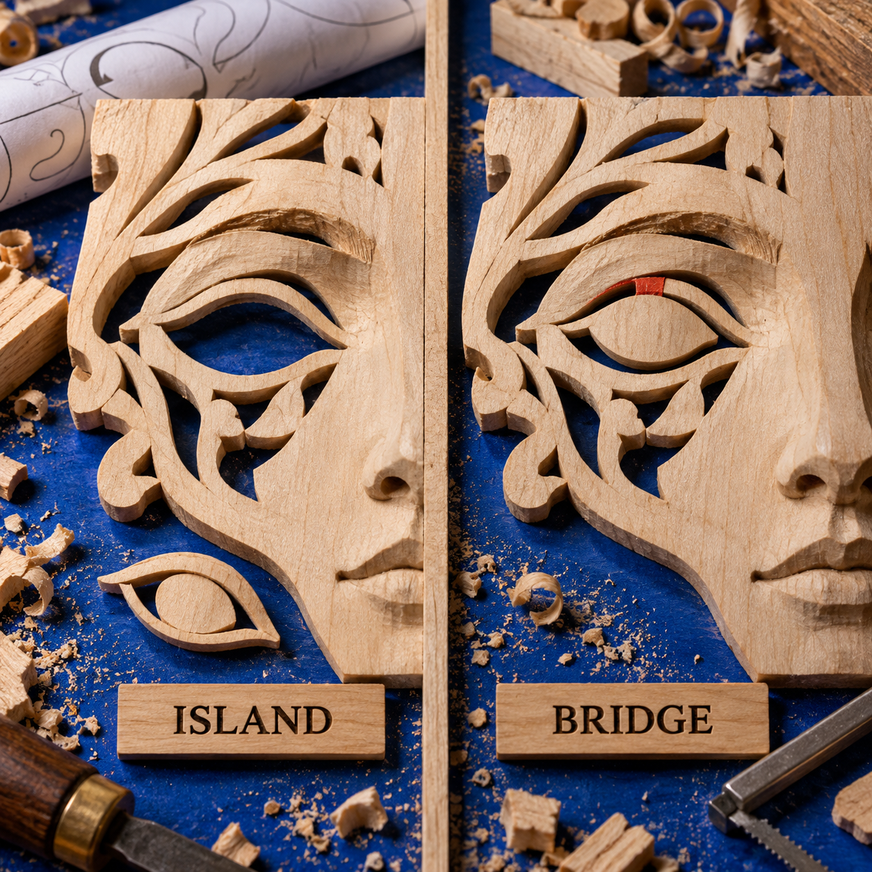A portrait eye island falling free beside the same shape held by a wood bridge