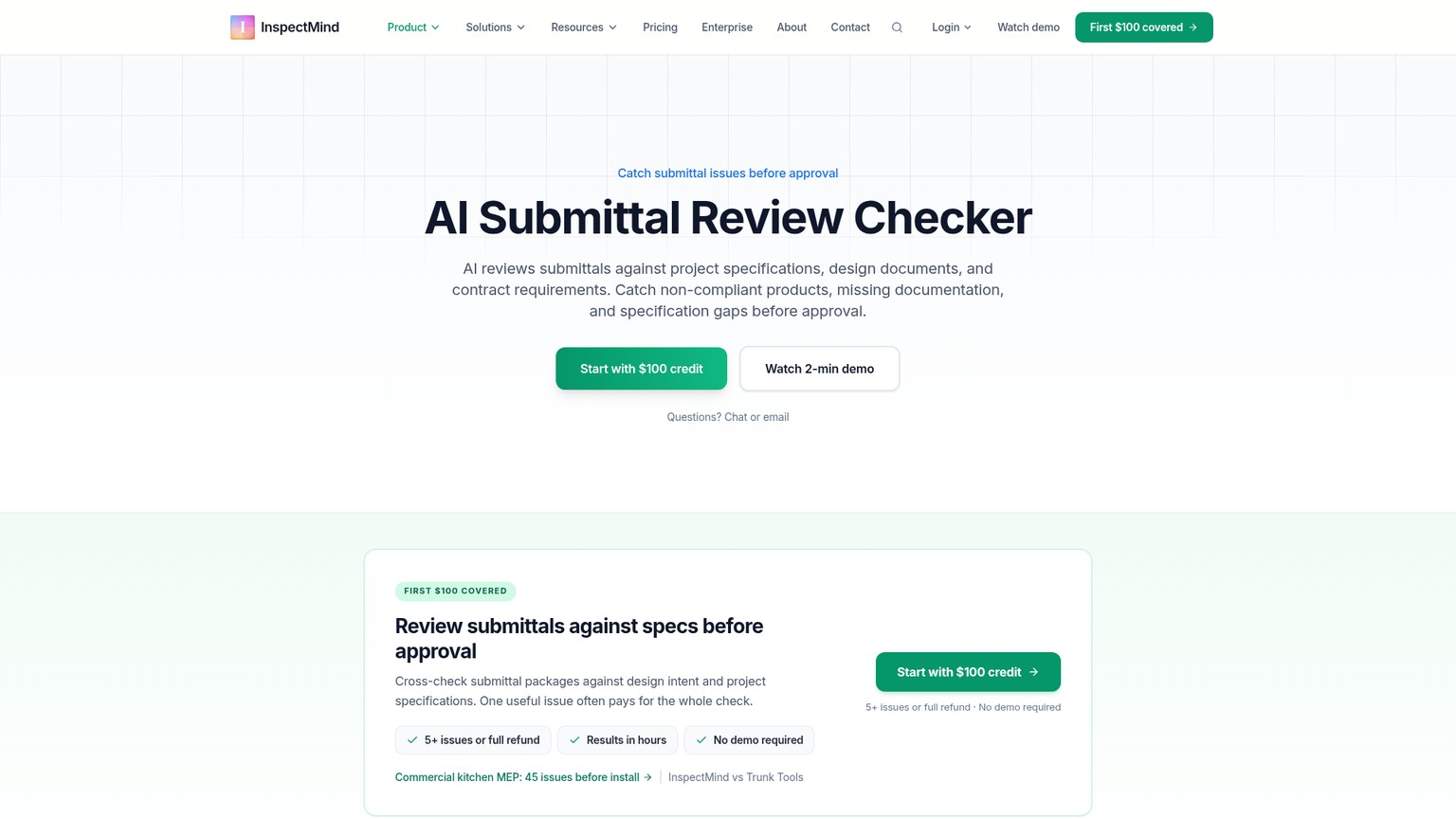InspectMind AI Submittal Review Checker page