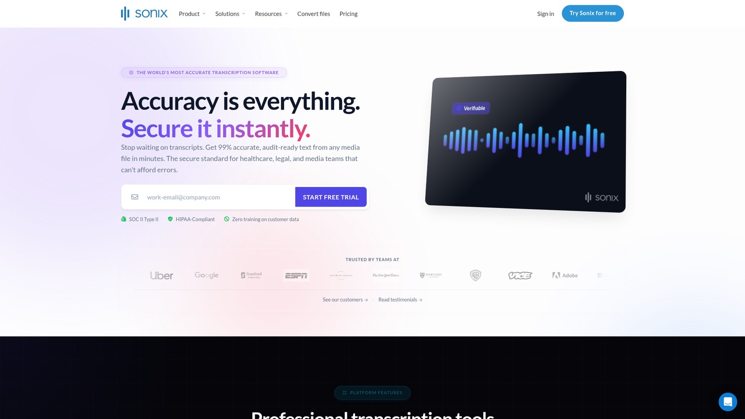 Sonix AI transcription platform homepage