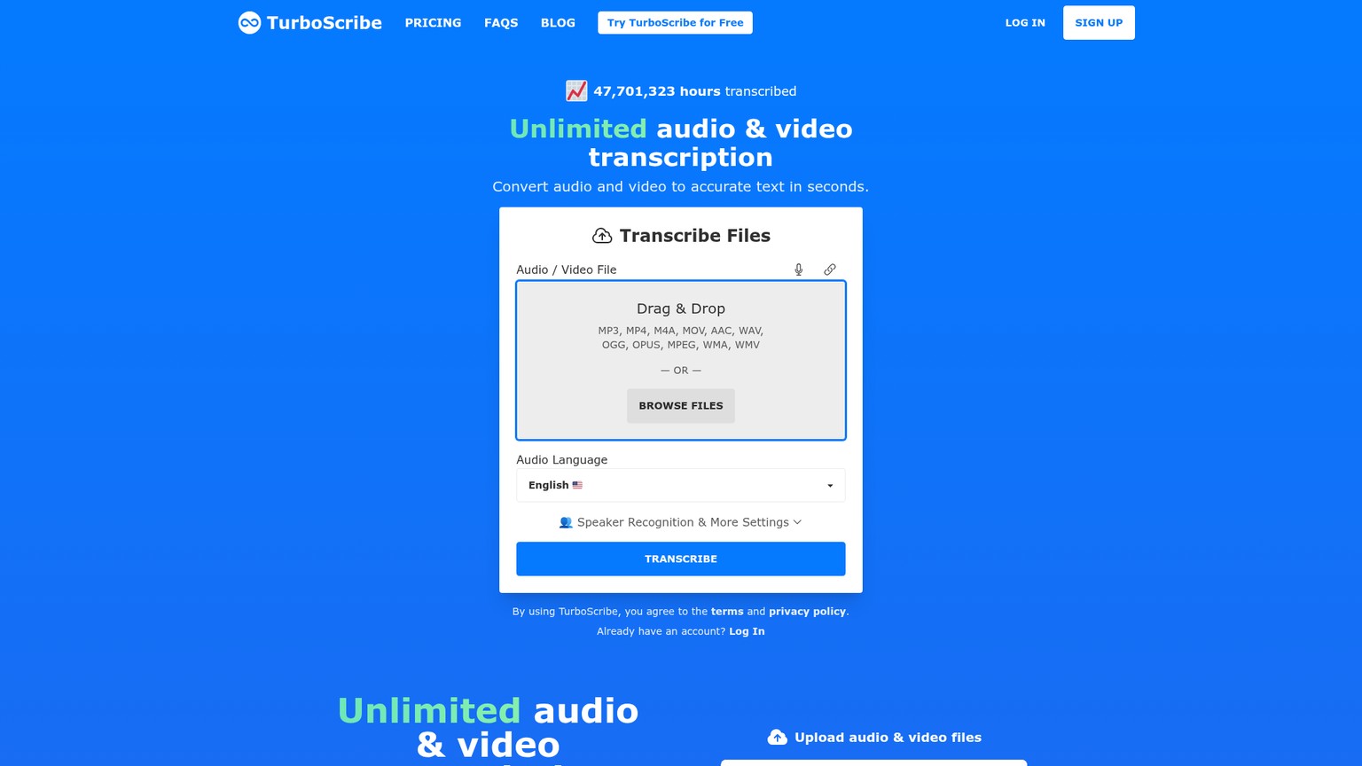 TurboScribe AI transcription upload interface