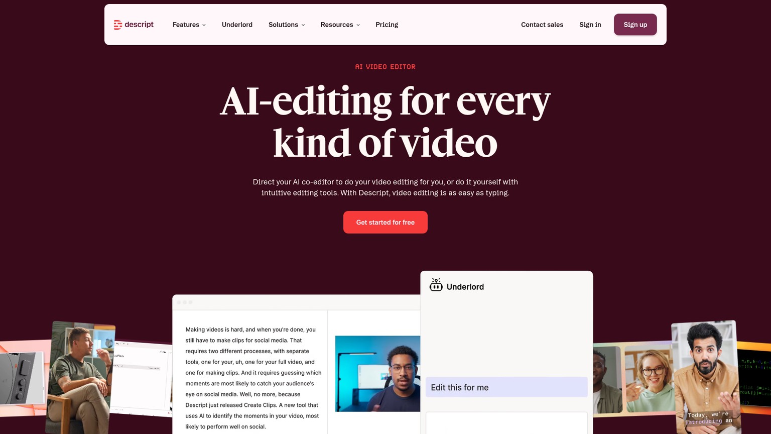 Descript text-based audio and video editor homepage