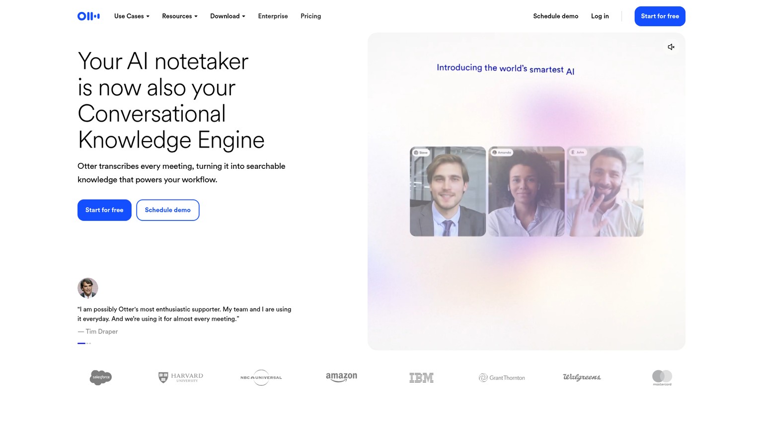 Otter AI meeting transcription platform homepage