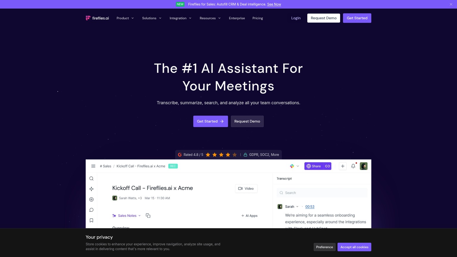 Fireflies AI meeting transcription and automation homepage