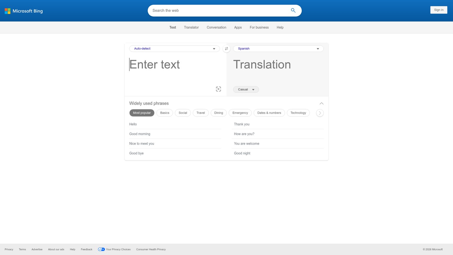 Microsoft Translator interface for translating text