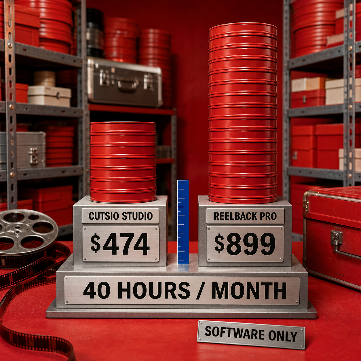Film-can bars comparing Cutsio Studio at 474 dollars and Reelback Pro at 899 dollars for 40 indexed hours per month