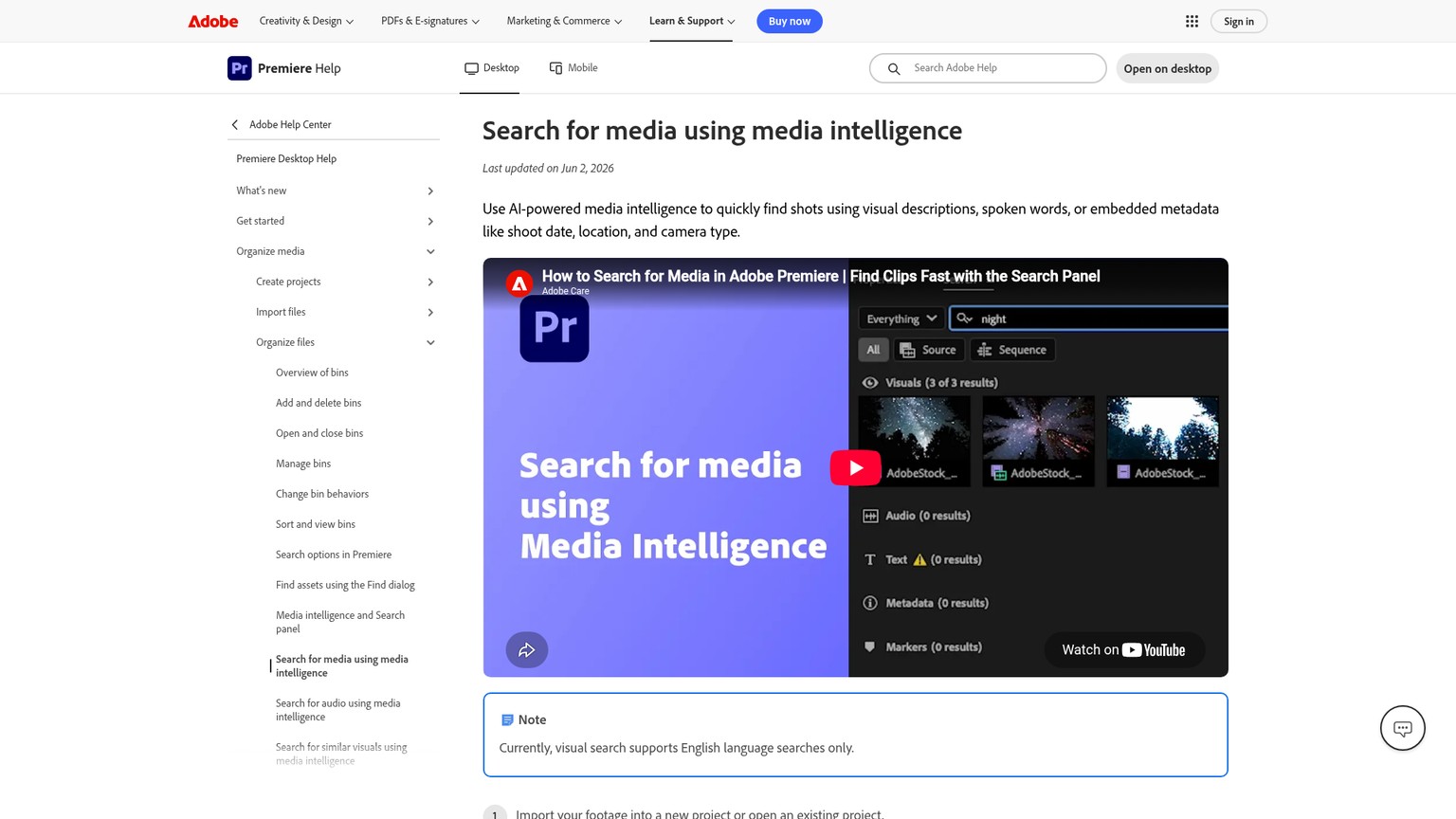 Adobe Premiere Media Intelligence documentation showing visual, transcript, and metadata search