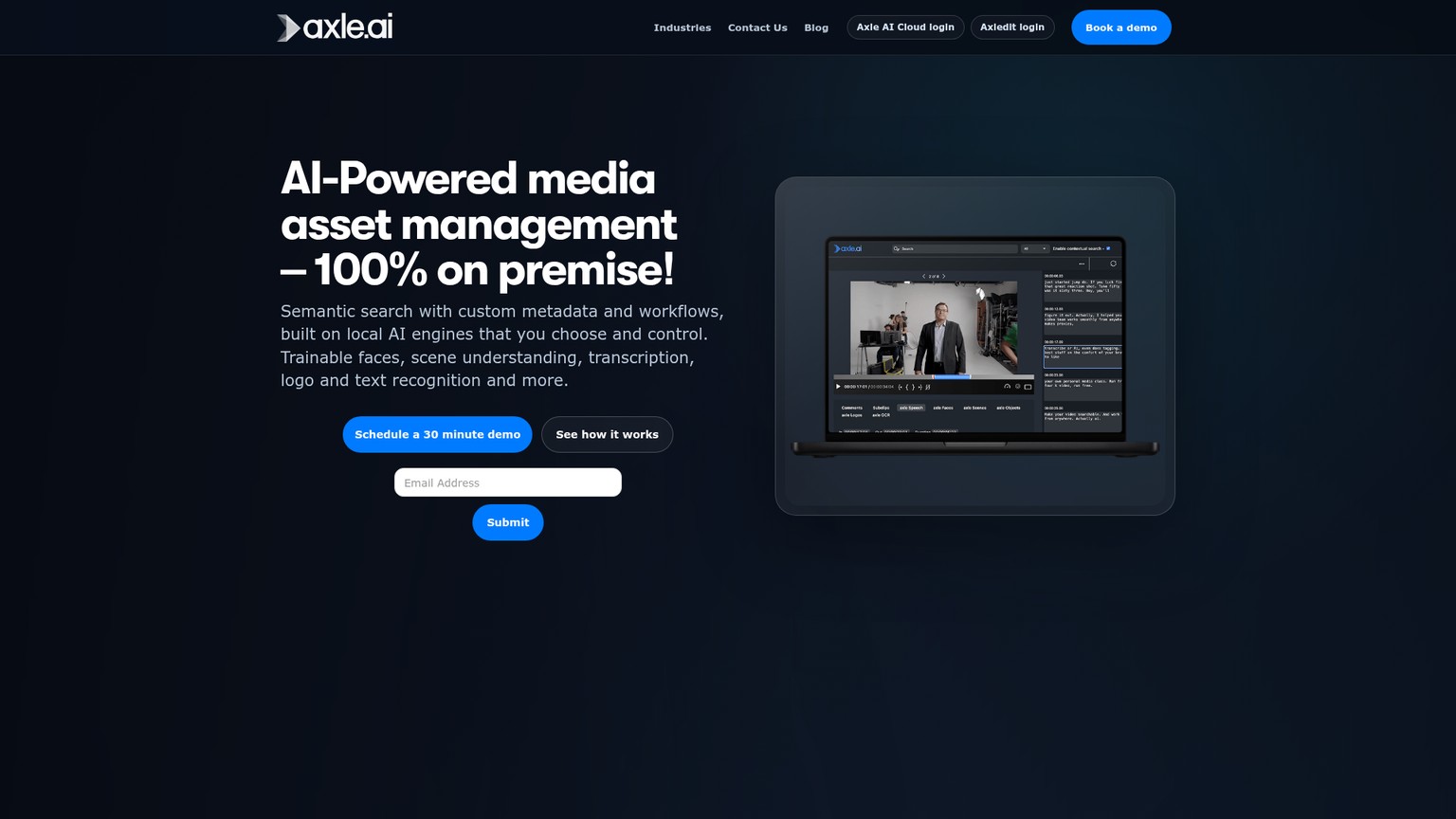 Axle AI media asset management page showing AI search across connected media storage