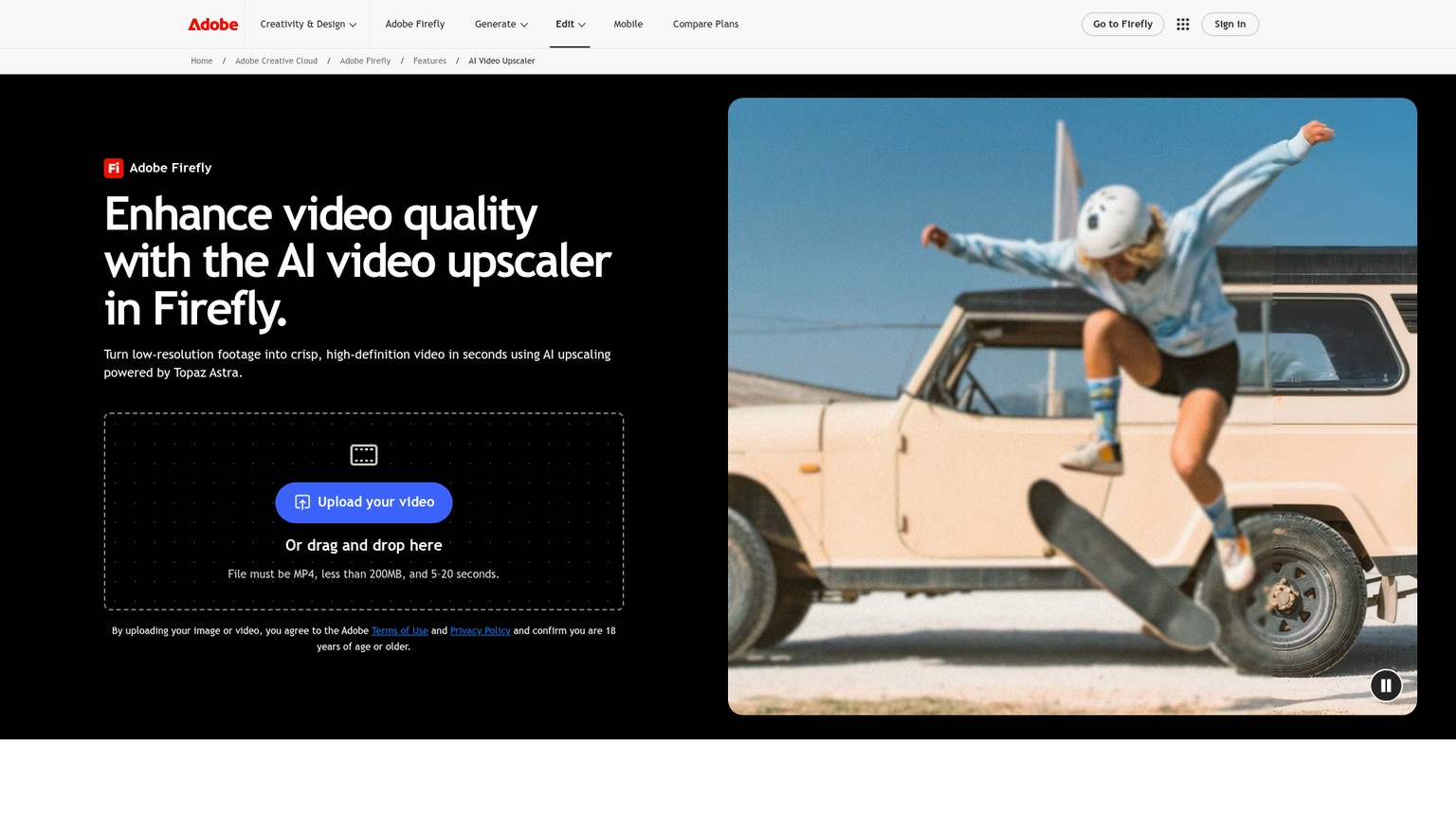 Adobe Firefly video upscaler page showing its Topaz Astra 1080p and 4K workflow