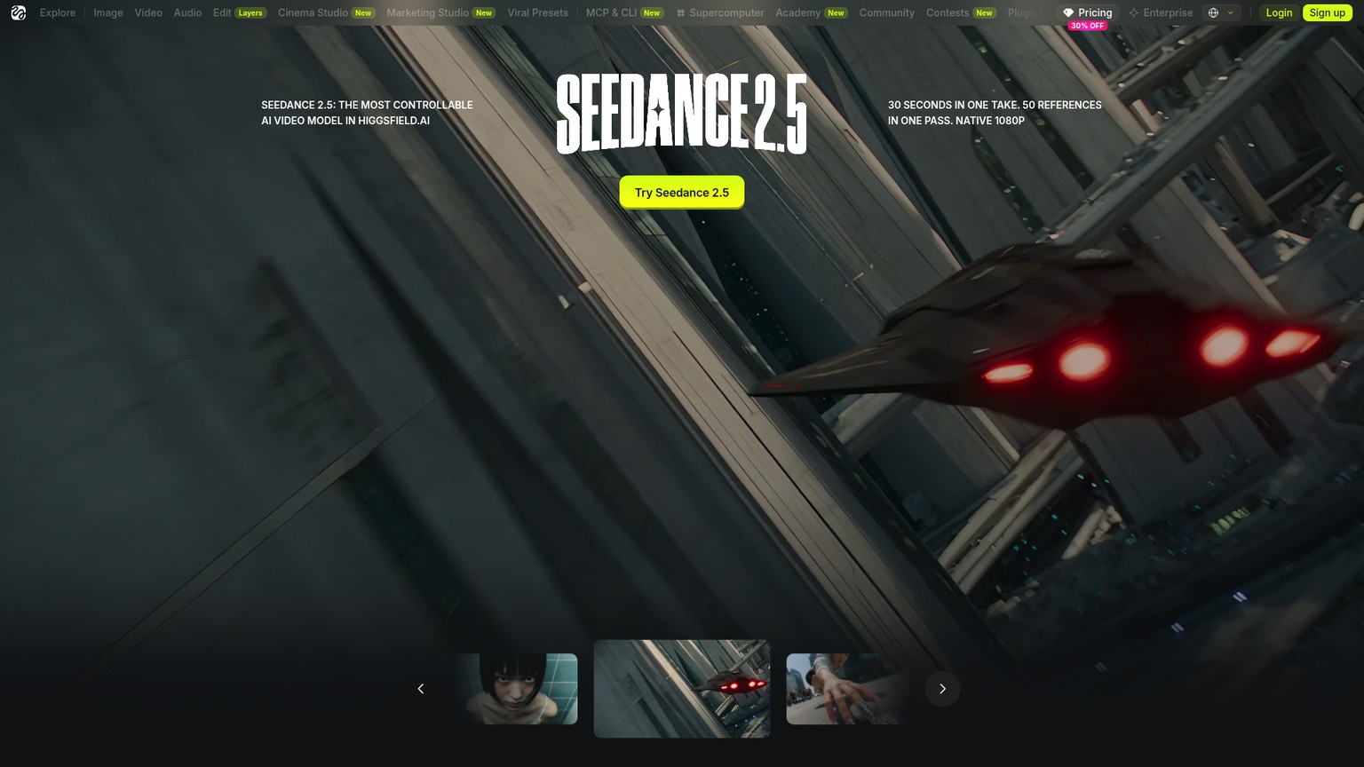 Higgsfield Seedance 2.5 page showing its long-take and multimodal reference capabilities