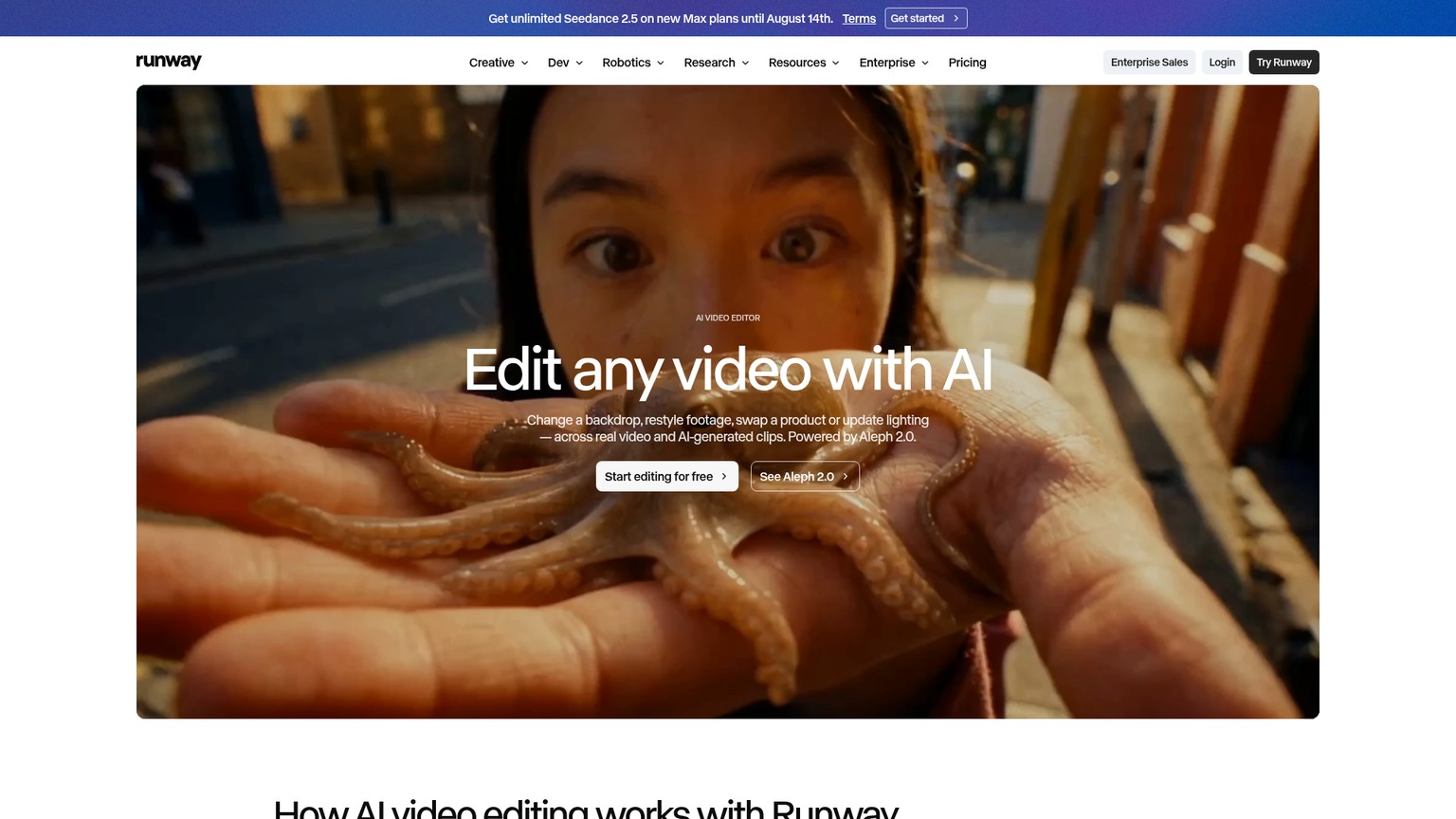 Runway AI video editor and generative shot workspace