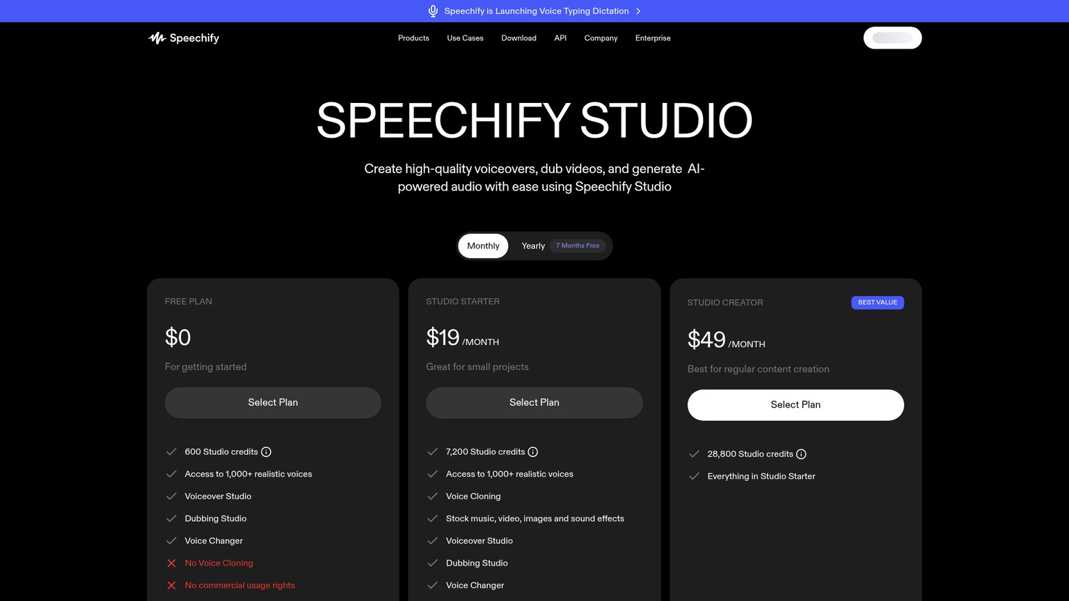 Speechify Studio pricing and product page